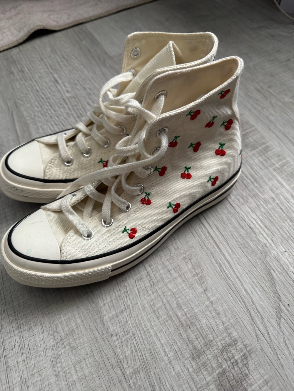 High-Top Cream Canvas Sneakers with Red Cherry Print